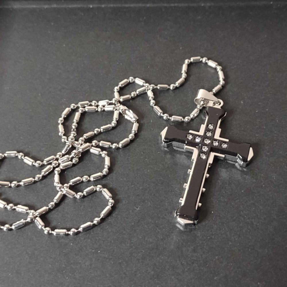 Black And Silver Tone Cross Necklace 23.5 Inches Long
